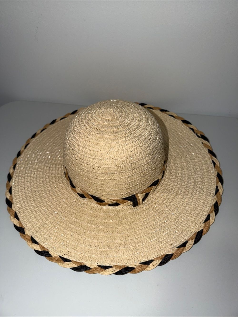 TAHARI Beige Tan Black Braided Detail Floppy Straw Hat